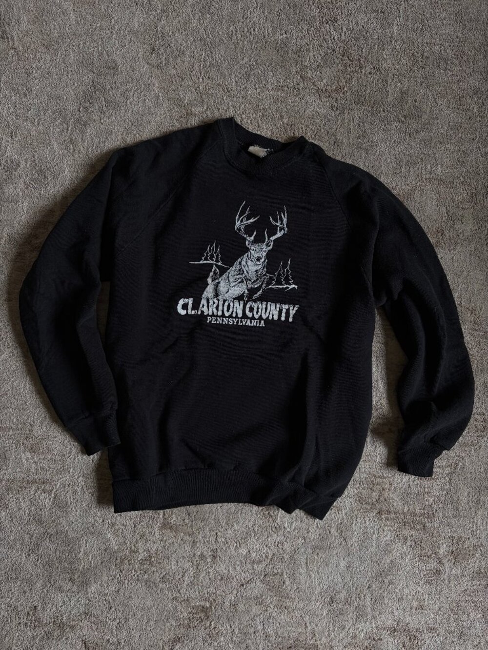 VTG 80s Springfoot Clarion County PA Deer Raglan Sweatshirt Black Size L 50/50
